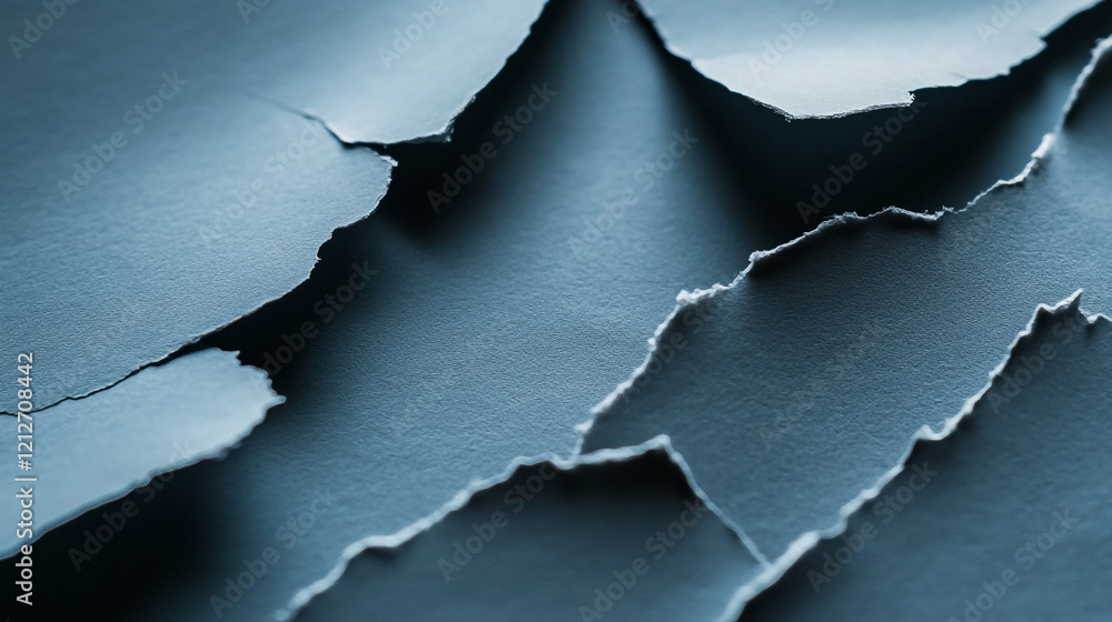 Poster torn paper textures create abstract patterns in varying shades of blue
