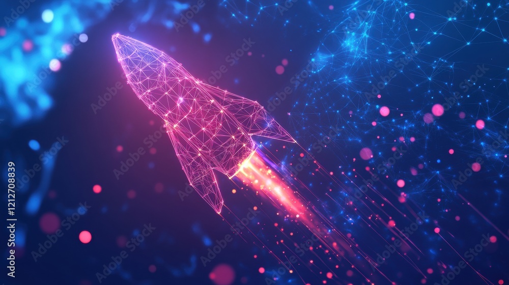 Poster rocket launching into the sky with a network of dots representing digital communication and connecti