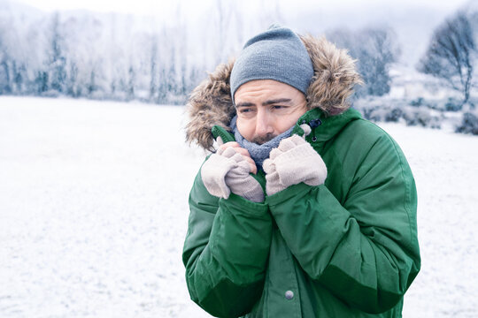 One man suffering and shivering because of cold weather