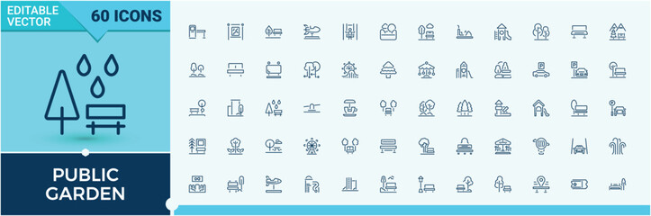 Public Garden icon set. Icons park, water, land, car, building, tree and more. Thin outline icons pack. Editable stroke. Vector illustration.