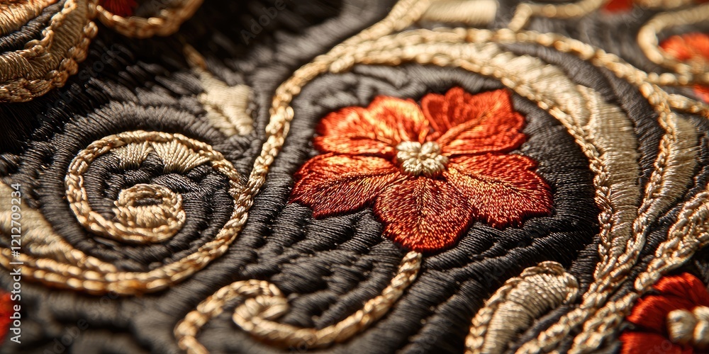 Aufkleber high-resolution close-up of embroidered fabric with intricate patterns and rich textures, perfect fo