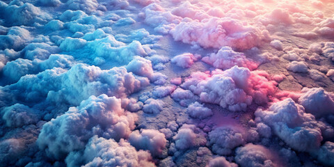 Fototapeta premium A vibrant sky full of fluffy clouds is bathed in soft pink and blue hues, creating a serene and dreamlike atmosphere. The light from the setting or rising sun casts gentle shadows.AI