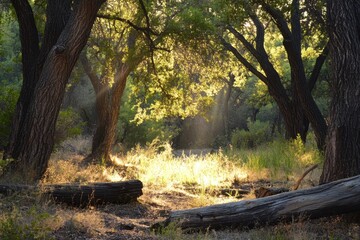 Sunbeams illuminate forest path, Arizona