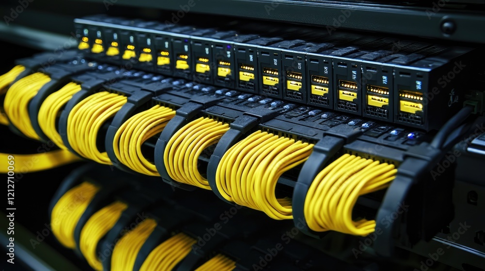 Poster a network switch displaying ports with secure cabling, illustrating data flow on a monitor for a res