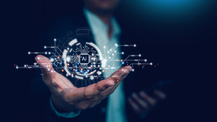 Male hand holding AI Technology concept with innovation and technology inspiration, innovation in...