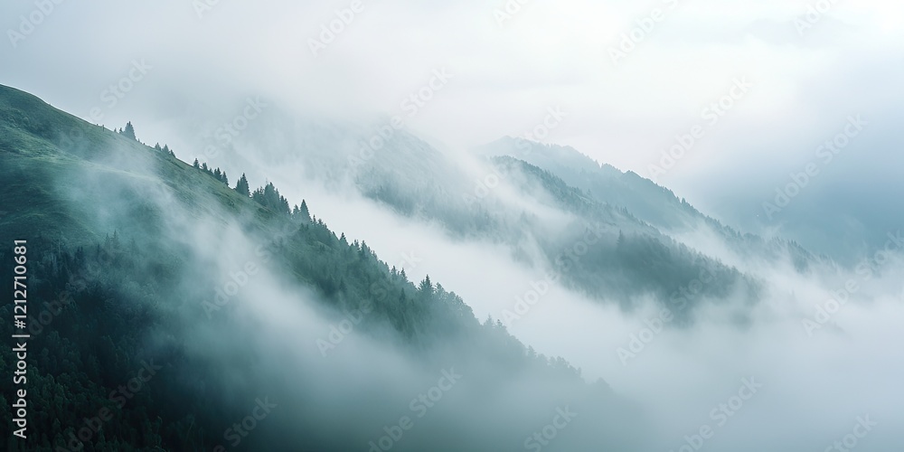 Poster detailed view of mist rolling over a mountain ridge, the soft fog creating a mysterious and tranquil