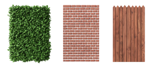 Lush green hedge, solid brick wall, and wooden fence types displayed together