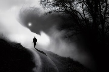 Surreal black and white image of a businessman walking on a misty road, while a dark shadow figure is following him, representing anxiety, fear and stress