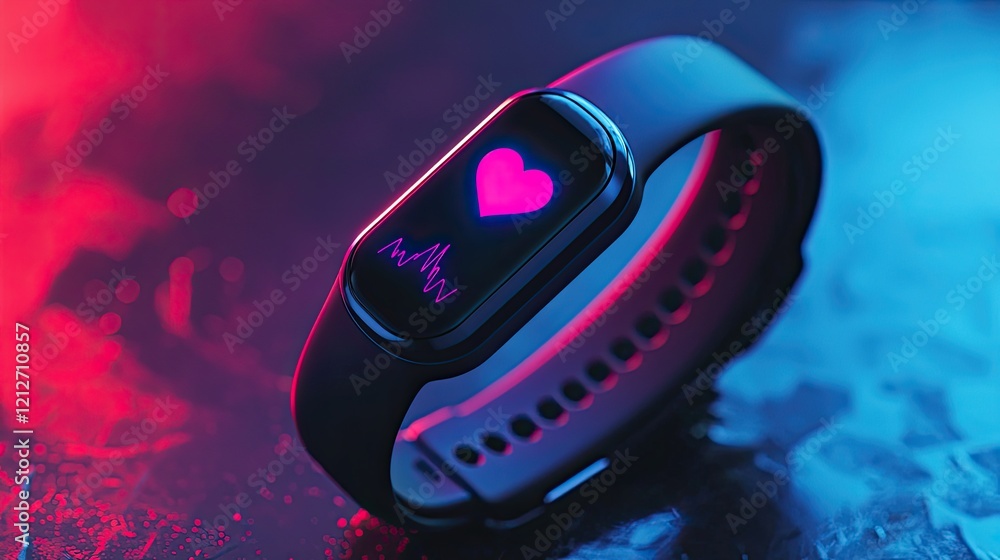 Poster a smart wristband featuring biometric sensors, with an oled display monitoring heart rate in a matte
