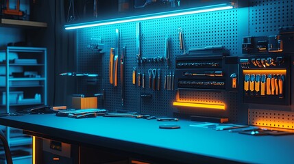 A glowing key duplication service setup styled with neatly arranged tools on a sleek counter. picture