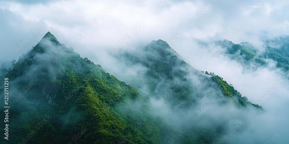 Poster detailed view of mist rolling over a mountain ridge, the soft fog creating a mysterious and tranquil