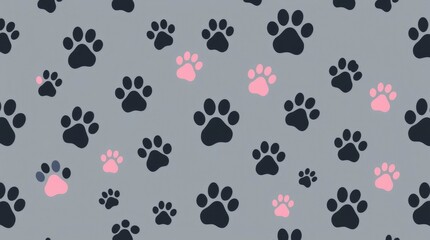 Playful Paw Prints: A Charming Gray and Pink Seamless Pattern