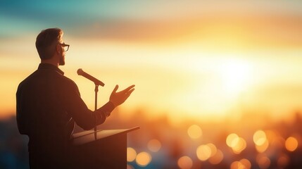 Fototapeta premium The doctor delivered a speech presentation. Speaker addressing audience against a sunset backdrop.