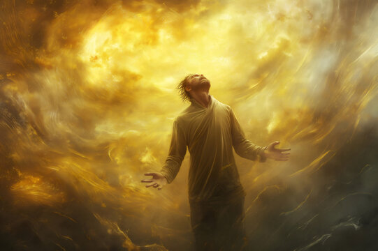 Monk meditating in a surreal golden energy field, experiencing spiritual enlightenment and cosmic connection