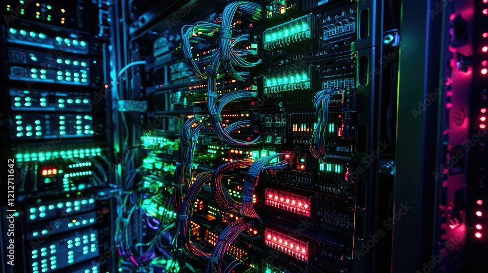 Poster a network switch displaying ports with secure cabling, illustrating data flow on a monitor for a res