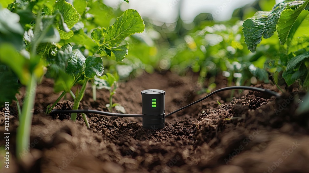 Leinwandbilder Macro shot of an agricultural sensor sending soil moisture data to a central system for better crop management using IoT.
