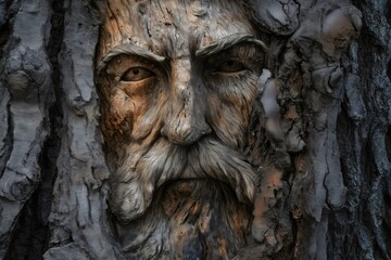 Intricate wood carving resembling an old man's face emerges from tree bark, blending art and nature seamlessly