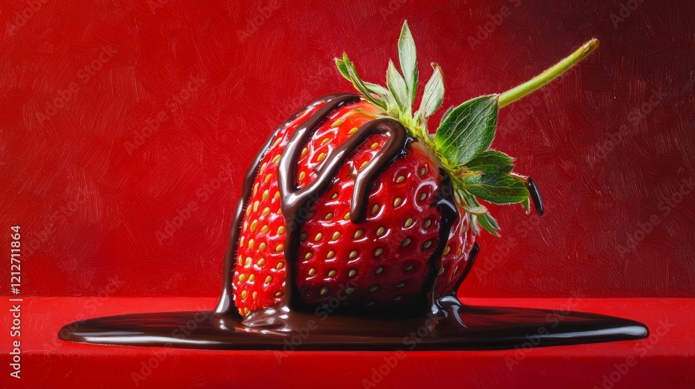 Poster a glossy red strawberry sits elegantly, drizzled with luscious dark chocolate that pools beneath it.
