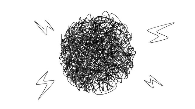 Hand drawn tangle scrawl sketch or black line spherical abstract scribble shape. Tangled chaotic and nervous doodle circle or thread clew knot spinning on white background. 4K looped animation