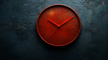 A simple red clock hangs on a dark, textured wall