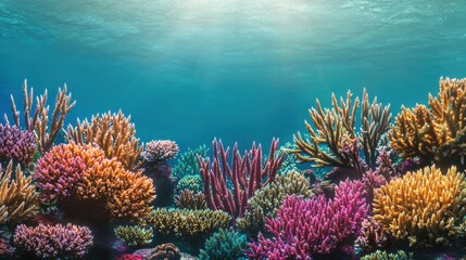 Naklejka premium Vibrant Underwater Coral Reef Scene Sunlit Ocean