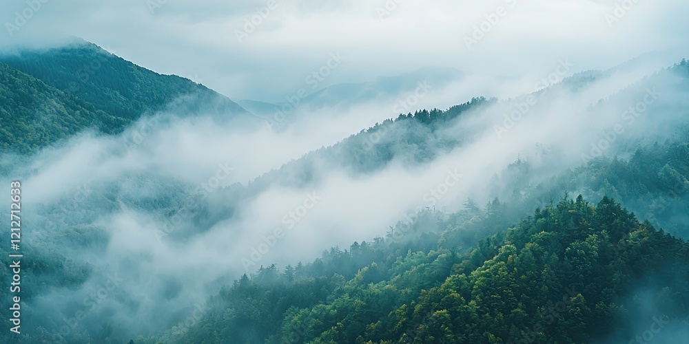 Poster detailed view of mist rolling over a mountain ridge, the soft fog creating a mysterious and tranquil