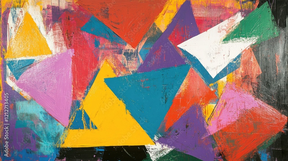 Poster Vibrant abstract composition with colorful overlapping triangles and dynamic brush strokes creating a visually striking artistic expression