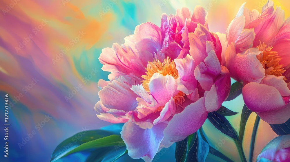 Aufkleber vibrant pink peony blooms amidst a colorful abstract background in soft pastel hues creating a lush 