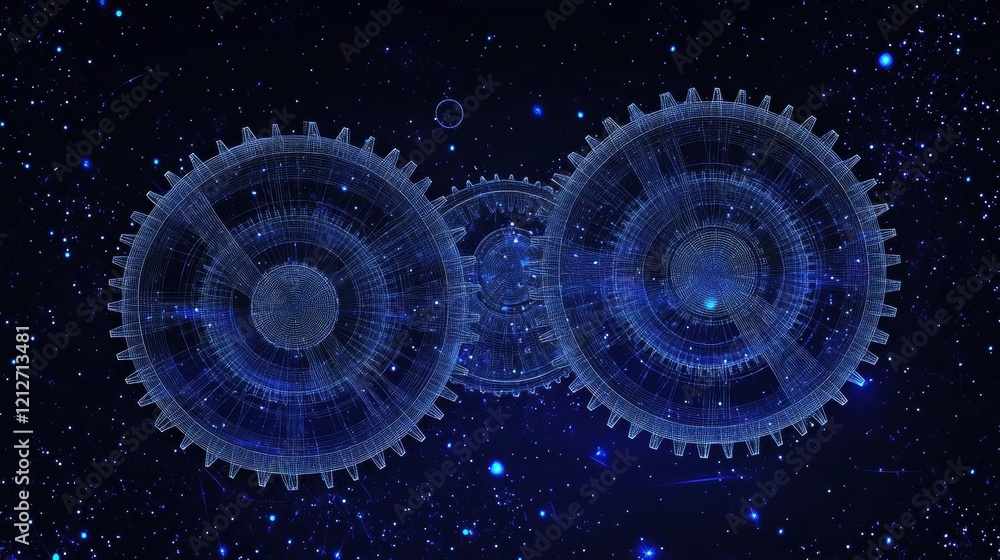 Aufkleber two interlocking gears floating in space surrounded by stars and colorful nebulas