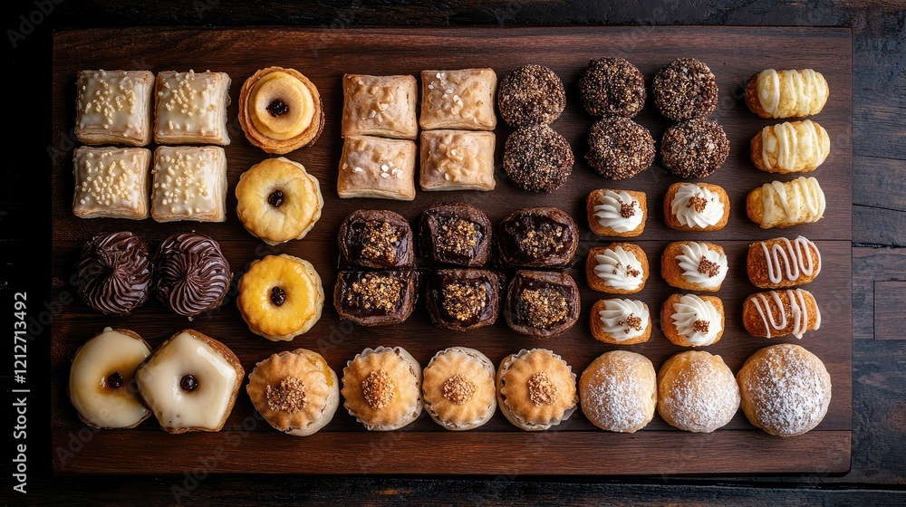 Poster assorted pastries displayed on wooden tray highlighting diverse sizes textures and arrangements for 