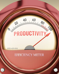 Productivity and Efficiency Meter that is hitting a full scale, showing a very high level of productivity, overload of it, too much of it. Maximum value, off the charts.  ,3d illustration