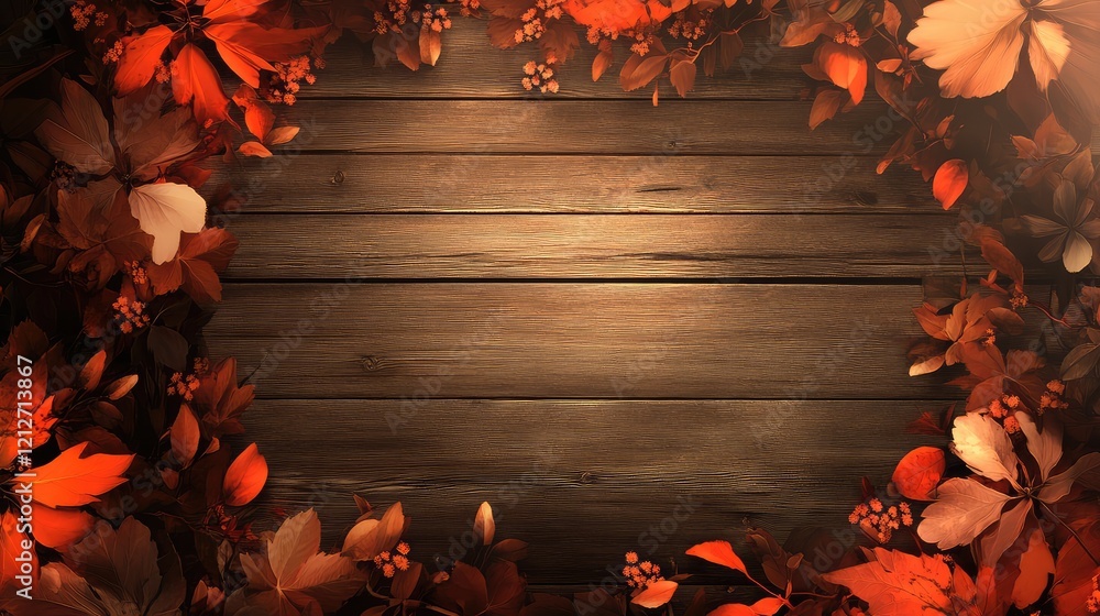Poster Autumn leaves in warm reds and oranges framing a rustic wooden backdrop with soft lighting creating an inviting natural ambiance.