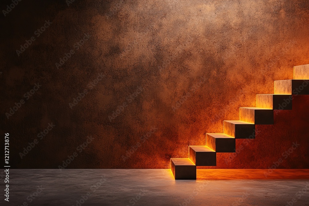 Poster illuminated staircase against a textured wall, creating a warm and inviting atmosphere with a modern