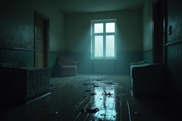 A dark and abandoned room with a window, a chair, and a couch, exuding a sense of neglect and decay