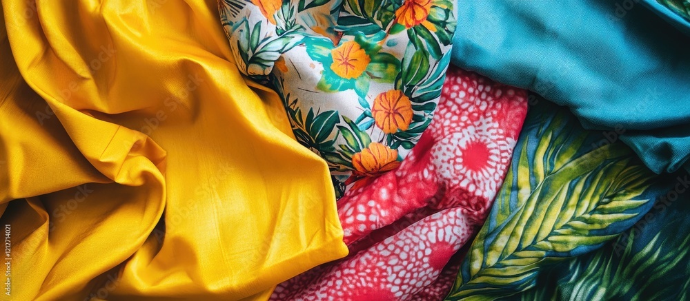 Poster colorful fabrics in a decorative arrangement showcasing vibrant patterns and textures ideal for desi