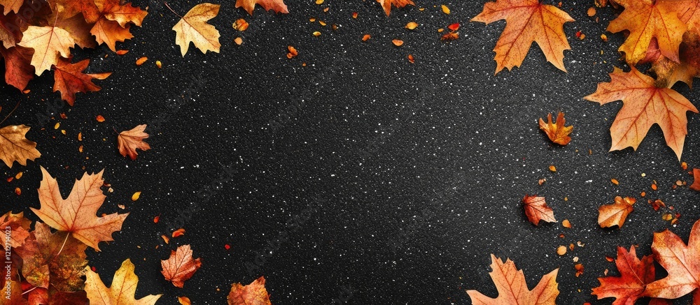 Poster vibrant orange and yellow autumn leaves scattered on a dark asphalt road creating a serene backgroun
