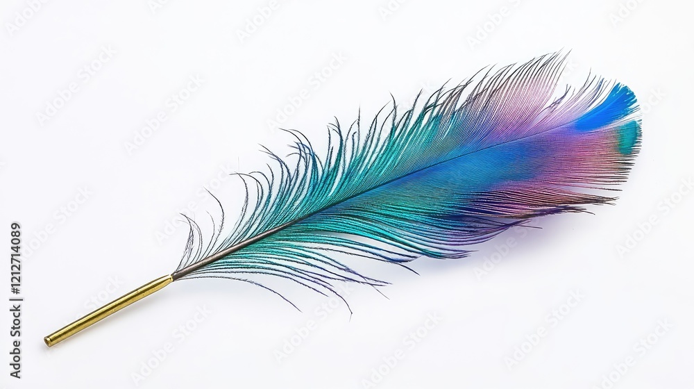 Poster vibrant peacock feather with quill displaying rich colors and intricate details on white background
