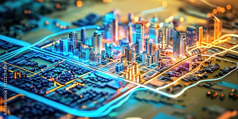 Poster a futuristic interface displaying advanced city technologies, with interactive layouts, real-time da