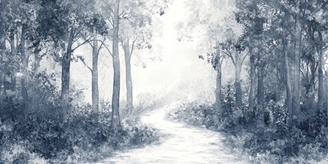 Fototapeta premium Serene Path Through A Misty Blue Forest