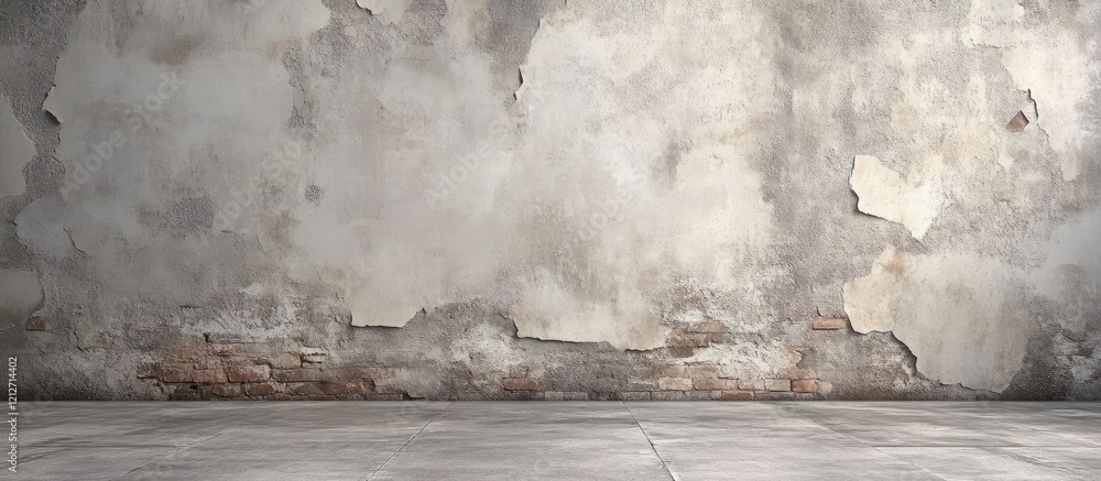 Poster vertical urban grunge wall with rustic texture and light gray concrete floor space for minimalist de