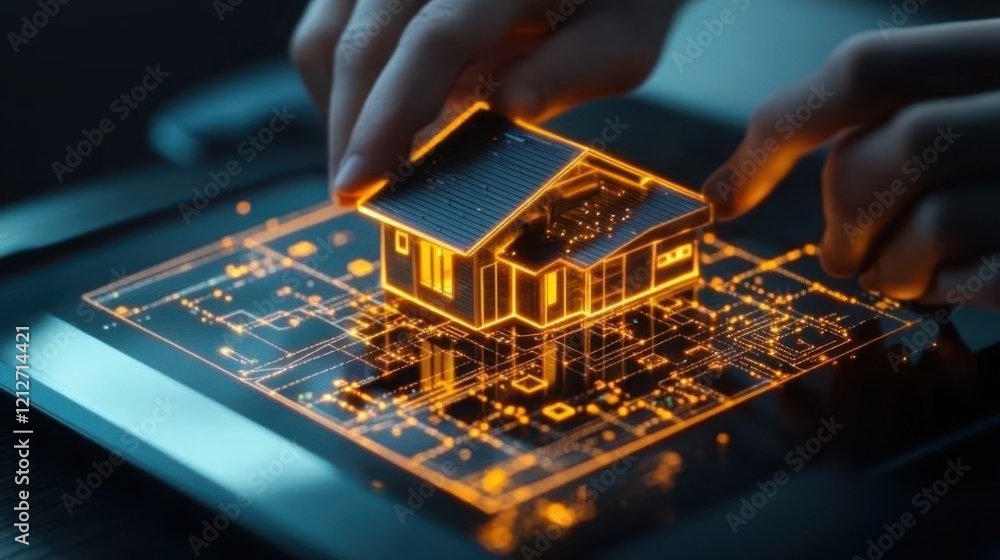 Poster a person interacts with a tablet, showcasing a detailed model of a house, blending technology and ar