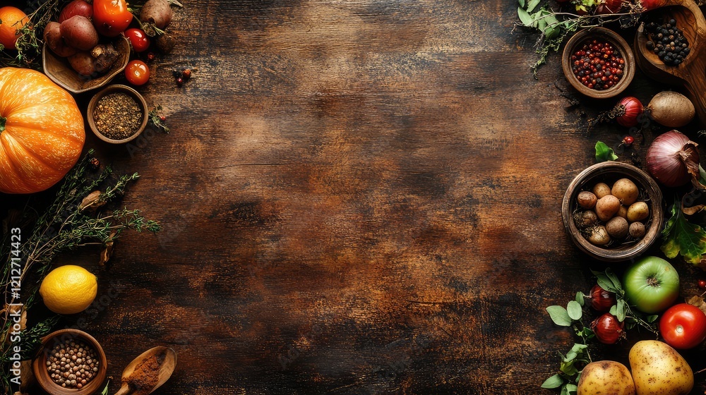 Aufkleber cookbooks on rustic wooden table surrounded by vibrant fruits vegetables and aromatic spices creatin