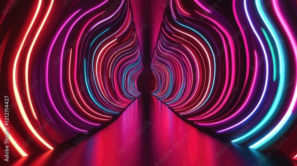 Aufkleber Vibrant Neon Tunnel with Flowing Abstract Shapes and Glowing Lines in Red Blue and Purple Creating a Futuristic Atmosphere