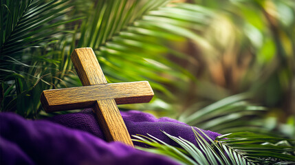 Wooden Cross on Purple Cloth with Palm Fronds