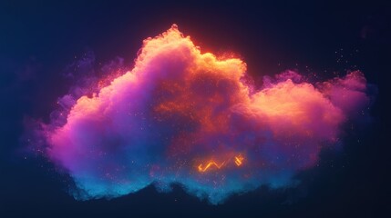 Dynamic abstract cloud illustration featuring vibrant colors and a prominent upload symbol representing digital data transfer.