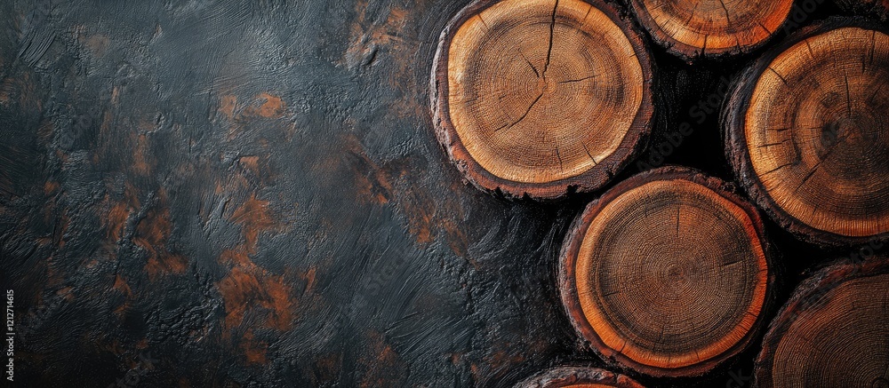 Poster Rustic Vertical Wooden Circles with Natural Tree Bark Textures and Dark Surface Background Ideal for Nature-Themed Designs and Text Placement