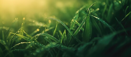 Naklejka premium Macro shot of dewy green grass at low angle with sunlight reflecting on blades and soft bokeh background highlighting summer vibes.