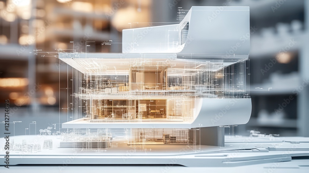 Poster a detailed close-up of a building model showcasing numerous sparkling windows, reflecting light and 