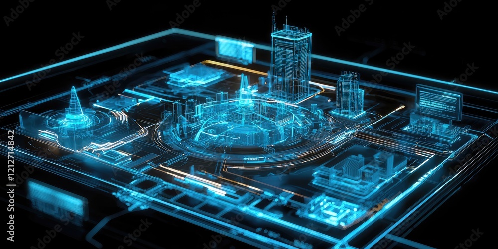 Aufkleber Advanced city technology interface, featuring holographic controls, real-time infrastructure monitoring, and interactive design elements.