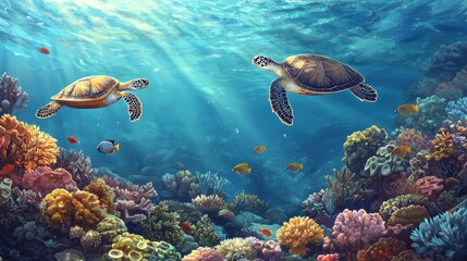 Obraz premium Underwater Paradise Two Sea Turtles Swim Over Vibrant Coral Reef